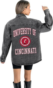 University of Cincinnati Women's Micro-Rhinestone Stripe Washed Denim Overshirt with Button-Down Front