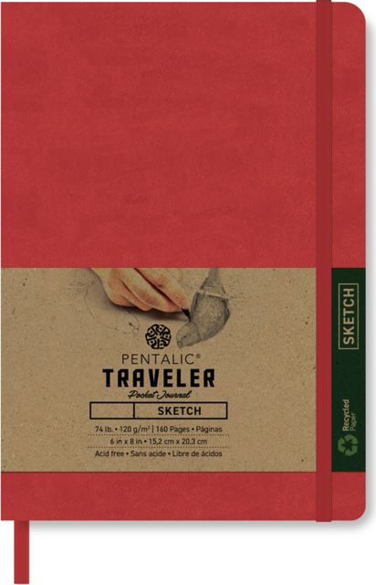 Pentalic Red 8x6 74 lb. (120 gsm) Sketch Traveler Pocket Journal 160 Page Book