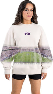 Texas Christian University Women's Landscape Print Premium Crewneck Sweatshirt with Ribbed Neckline and Cuffs