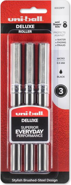 UNIBALL ROLLER BALL DELUXE PEN .5MM BLACK  3-PACK