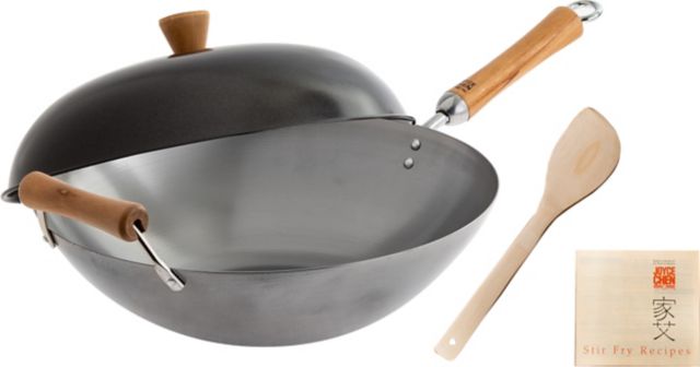 Joyce Chen Classic Series Uncoated Carbon Steel Wok 4-Piece Set with Lid, Spatula, and Recipe Booklet - ONLINE ONLY