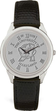 Maryland Terrapins Men's Silver Medallion Black Leather Wristwatch