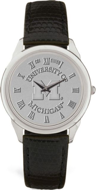 Michigan Wolverines Men's Silver Medallion Black Leather Wristwatch