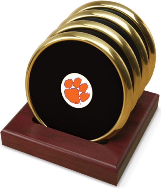 Clemson Tigers CSI Set Of 4 Gold Round Coaster Gift Boxed With Colored Medallion - ONLINE ONLY