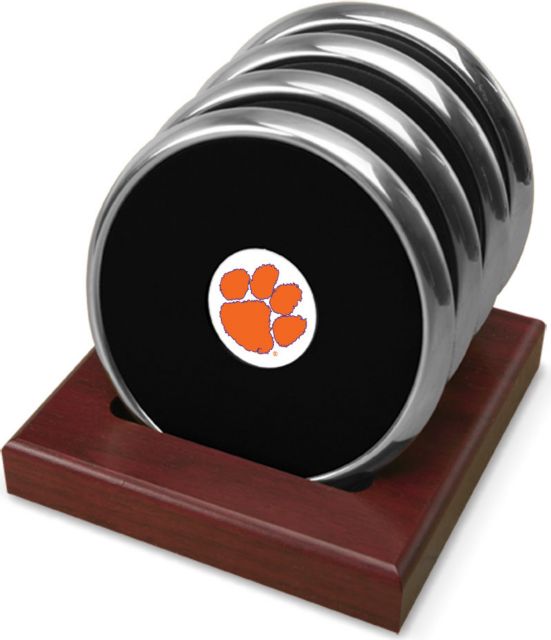 Clemson Tigers CSI Set Of 4 Silver Round Coaster Gift Boxed With Colored Medallion - ONLINE ONLY