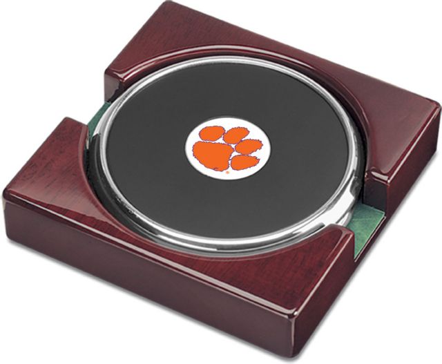 Clemson Tigers CSI Set Of 2 Silver Round Coaster Gift Boxed With Colored Medallion - ONLINE ONLY