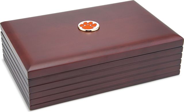 Clemson Tigers CSI Rosewood Desk Box (Gift Boxed) With Colored Medallion - ONLINE ONLY