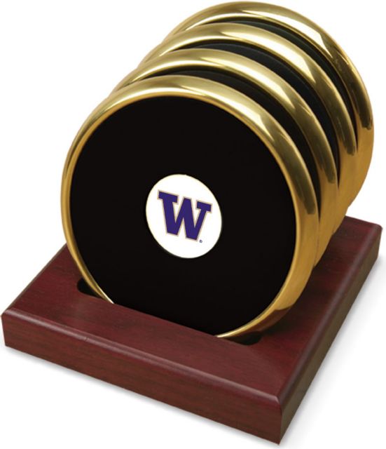 Washington Huskies CSI Set Of 4 Gold Round Coaster Gift Boxed With Colored Medallion - ONLINE ONLY