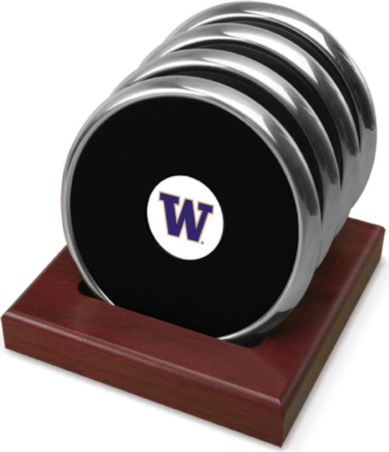 Washington Huskies CSI Set Of 4 Silver Round Coaster Gift Boxed With Colored Medallion - ONLINE ONLY
