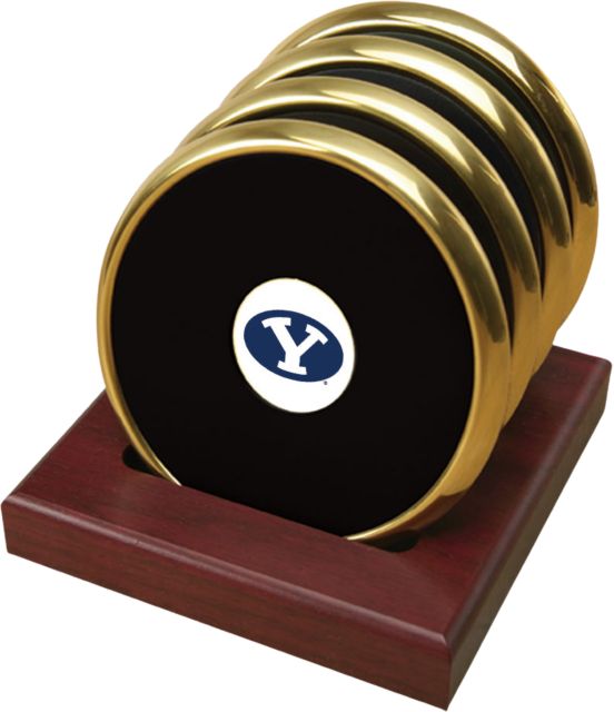 BYU Cougars CSI Gold Round Coaster Gift Boxed with Colored Medallion - Set of 4 - ONLINE ONLY