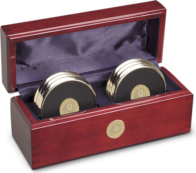 Set of Six Gold-Tone Round Coasters in Rosewood Box - ONLINE ONLY